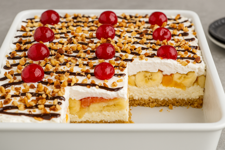 A delicious slice of no-bake banana split cake recipe showcasing layers of biscuit, cream cheese filling, bananas, pineapple, whipped cream, and classic toppings.