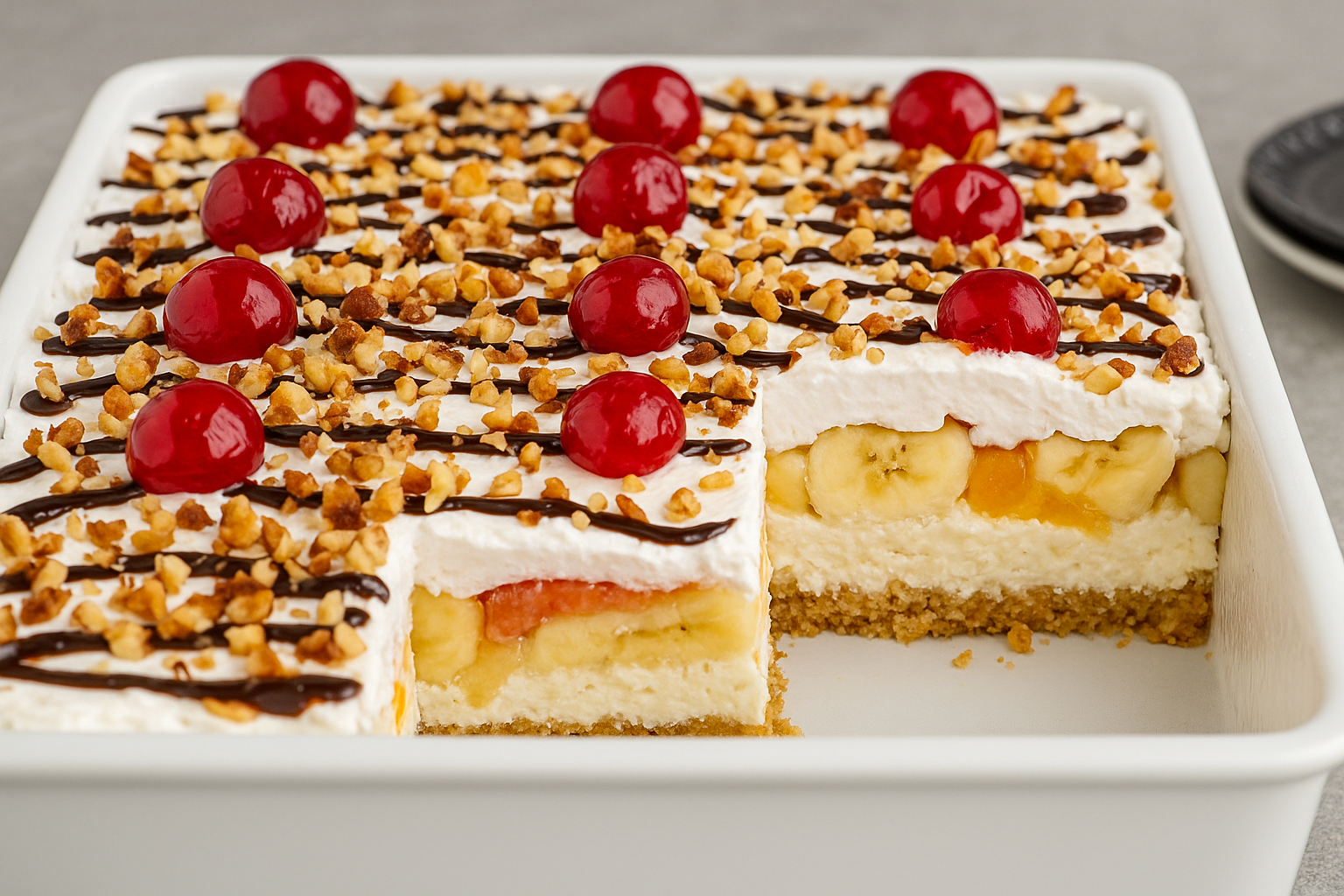 A delicious slice of no-bake banana split cake recipe showcasing layers of biscuit, cream cheese filling, bananas, pineapple, whipped cream, and classic toppings.