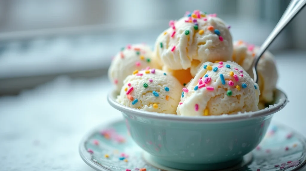 A bright, inviting close-up shot of a bowl filled with fluffy white snow ice cream, generously topped with colourful rainbow sprinkles. A silver spoon is resting in the bowl, inviting a taste. The background is slightly blurred, perhaps hinting at a snowy window scene.