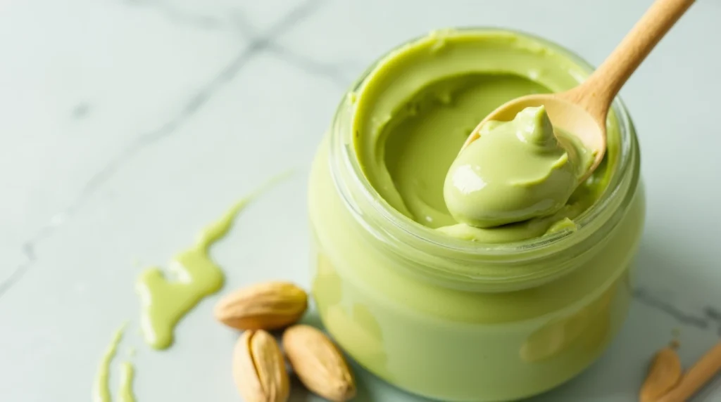 A jar of luscious, homemade pistachio cream recipe with a smooth texture, ready to be enjoyed.
