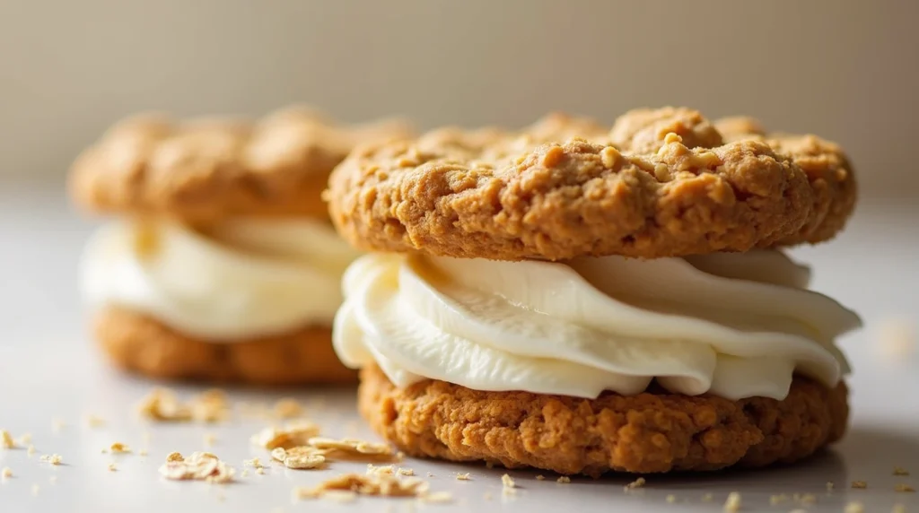 Delicious homemade Oatmeal Cream Pie recipe featuring soft oatmeal cookies and a fluffy marshmallow cream filling.