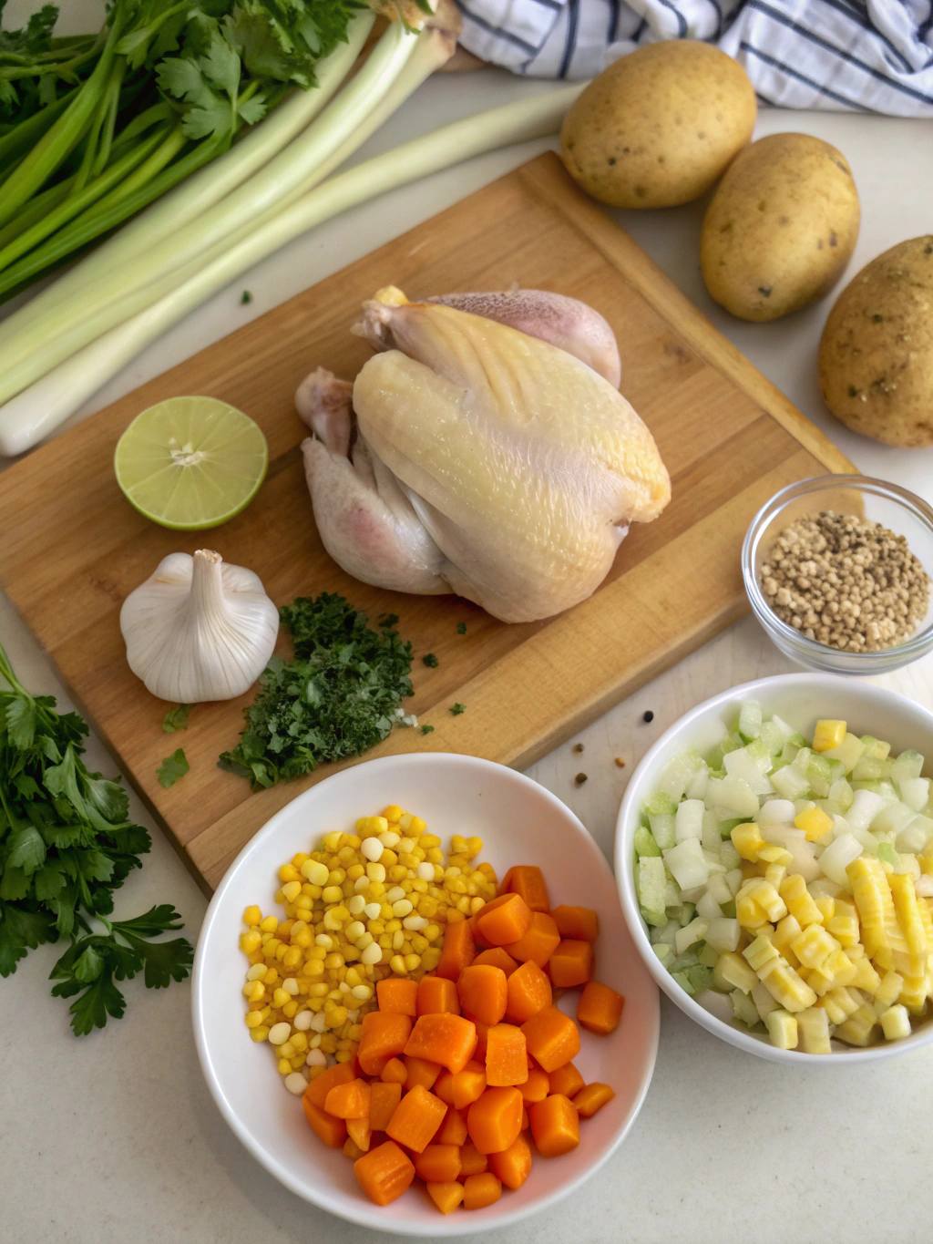 Ingredients for chicken corn soup recipe laid out on a table, including chicken, corn, cream, vegetables, and stock.