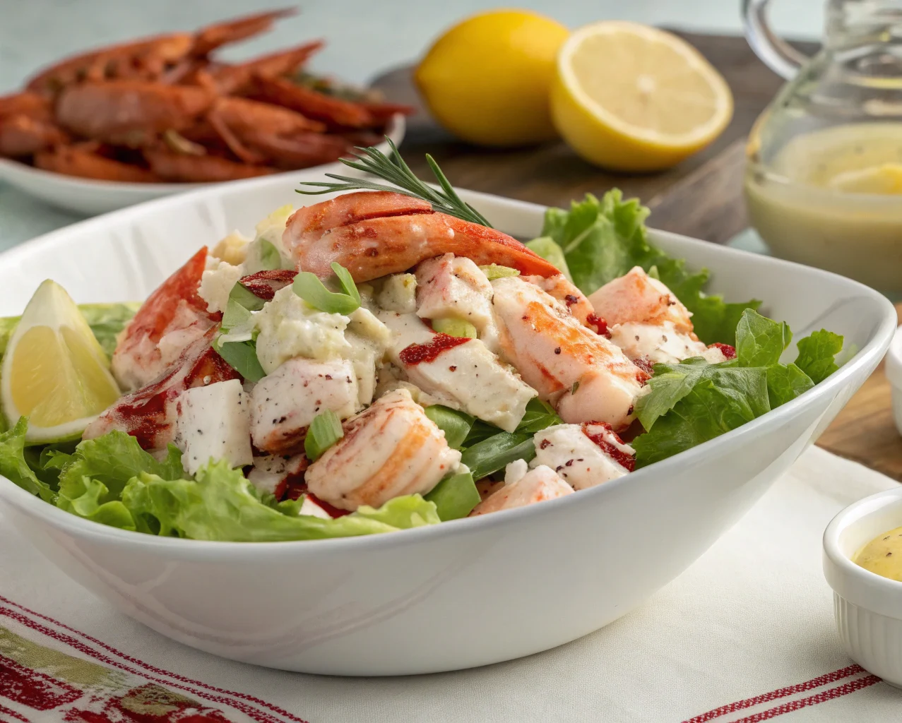 Succulent shrimp salad with fresh greens, lemon wedges, and creamy dressing, featuring a variety of seasonings in the background for a delicious and healthy meal.