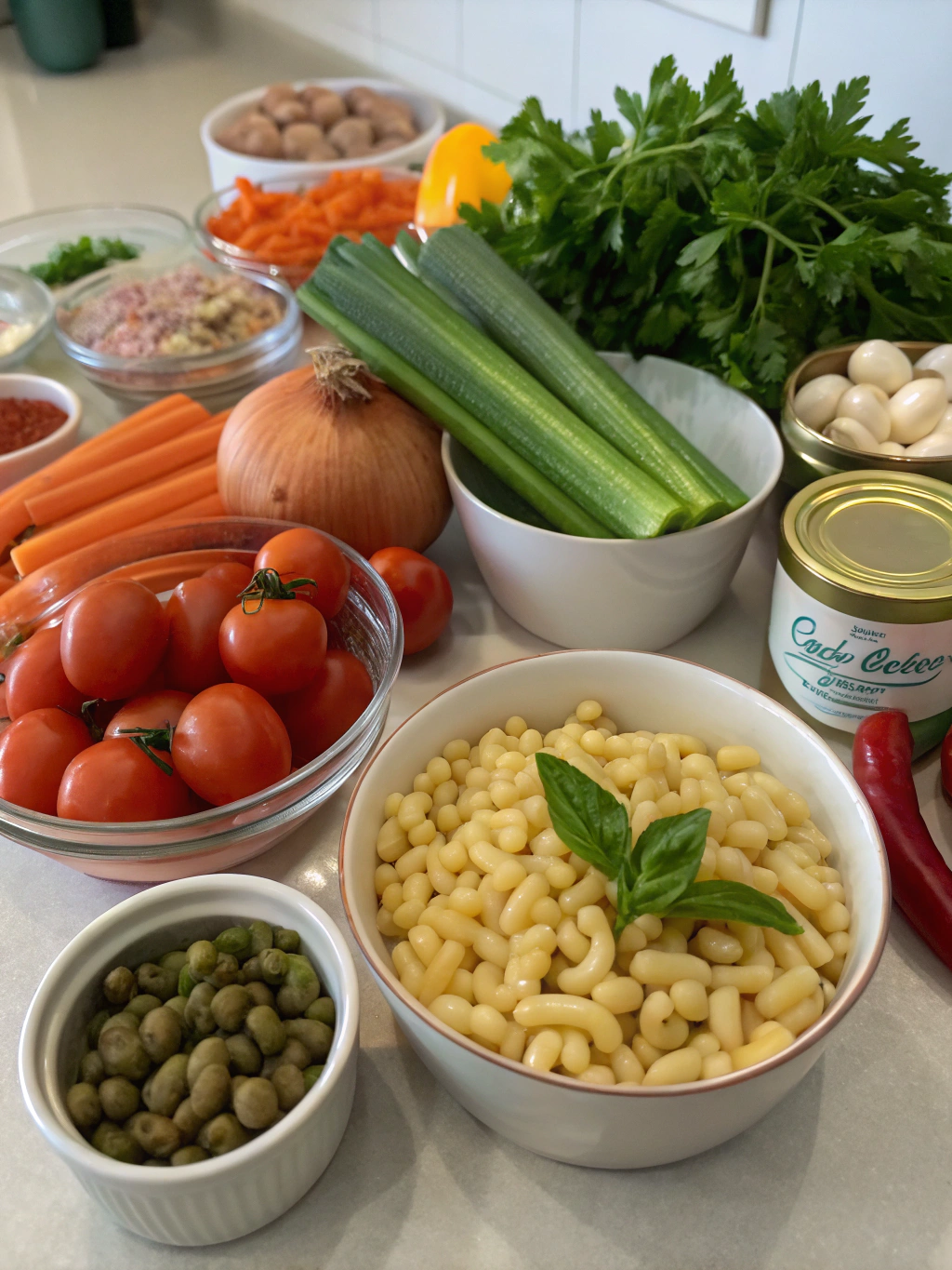 Ingredients for Olive Garden Minestrone Soup Recipe including carrots, celery, beans, pasta, and tomatoes.