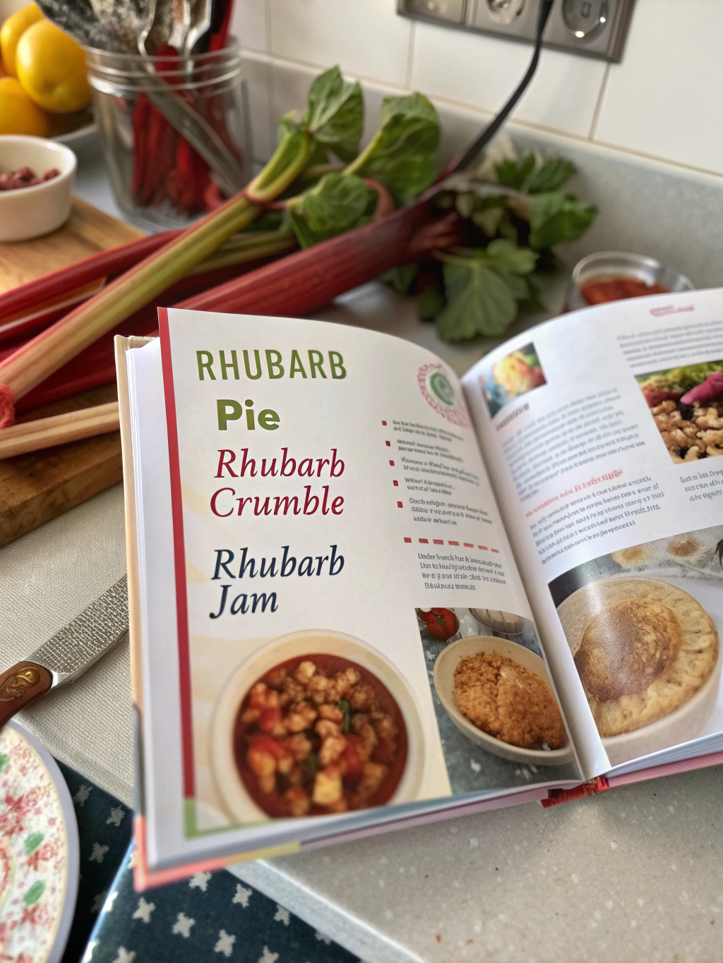 Ingredients for making rhubarb recipes including fresh rhubarb stalks, sugar, and spices