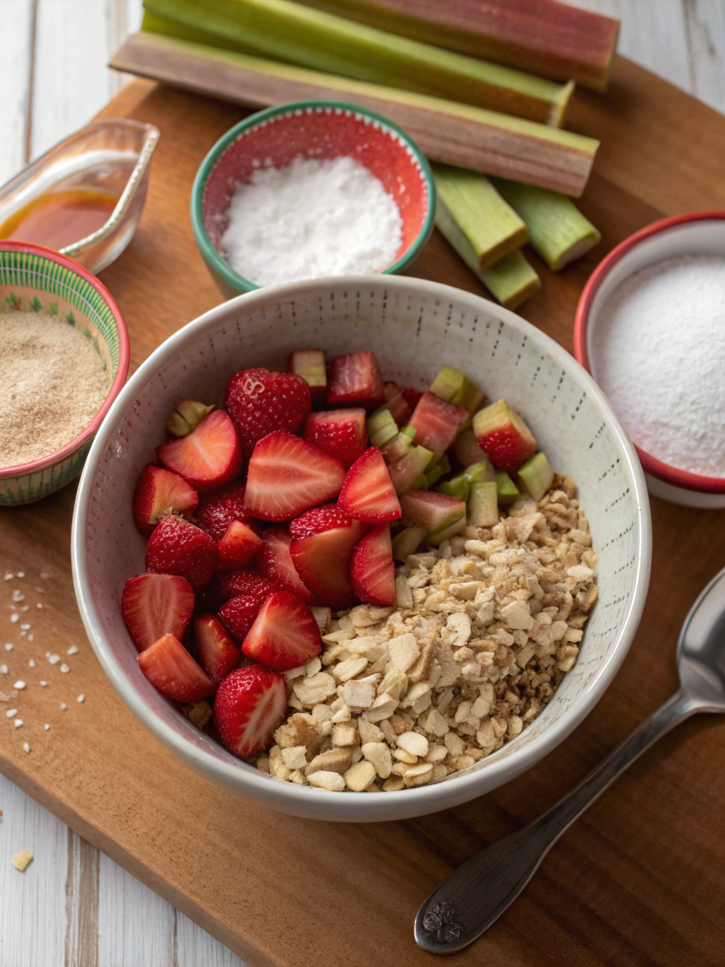 Ingredients for Rhubarb Crisp Recipe laid out on a surface