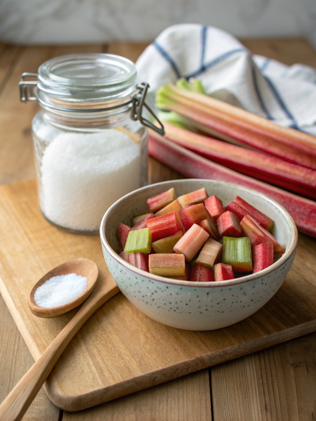 Ingredients for Rhubarb Jam: Fresh rhubarb stalks, granulated sugar, and a lemon.