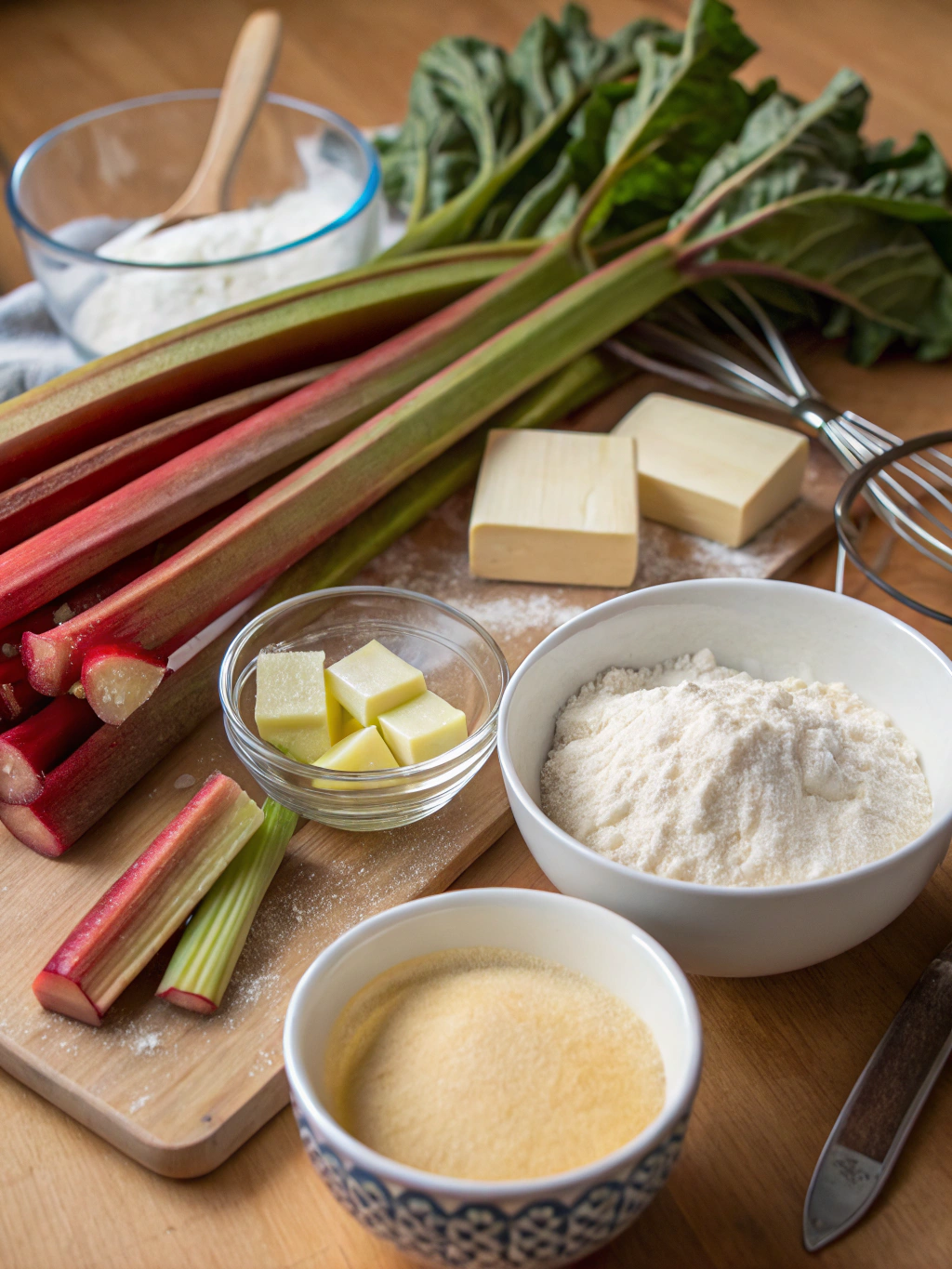 Ingredients for rhubarb pie including rhubarb stalks, sugar, flour, butter