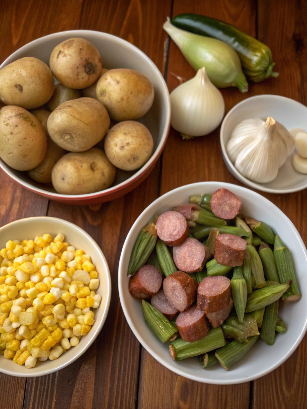 Ingredients for the swamp soup recipe laid out on a wooden surface including broccoli, spinach, onion, garlic, potato, peas, and stock.