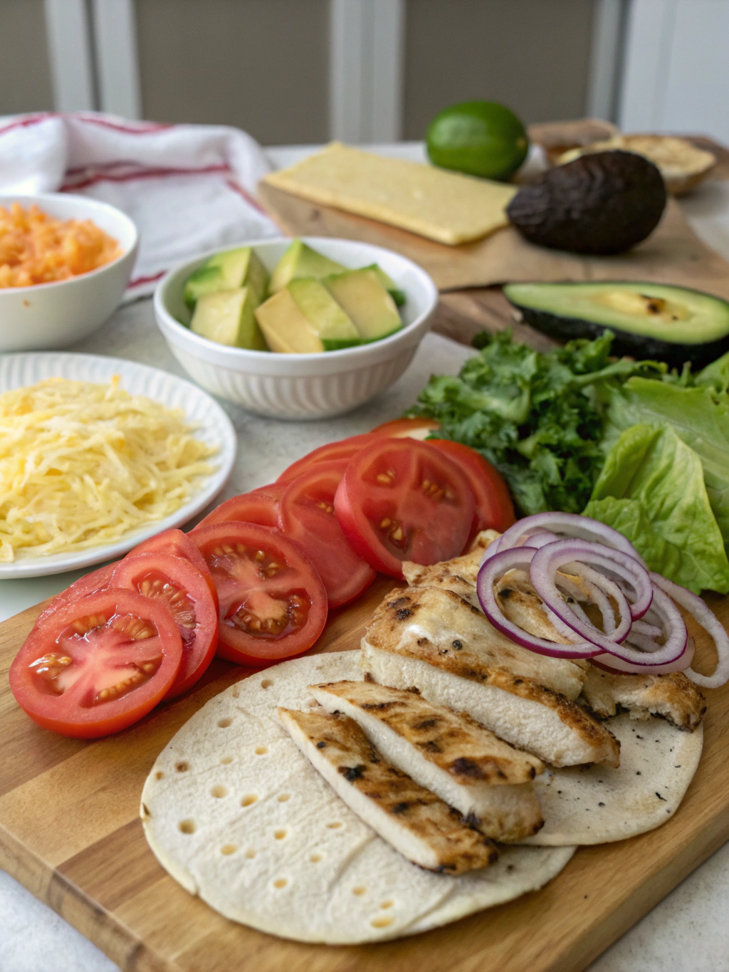Ingredients for making tortilla wraps laid out on a surface: flour, water, oil, salt, baking powder