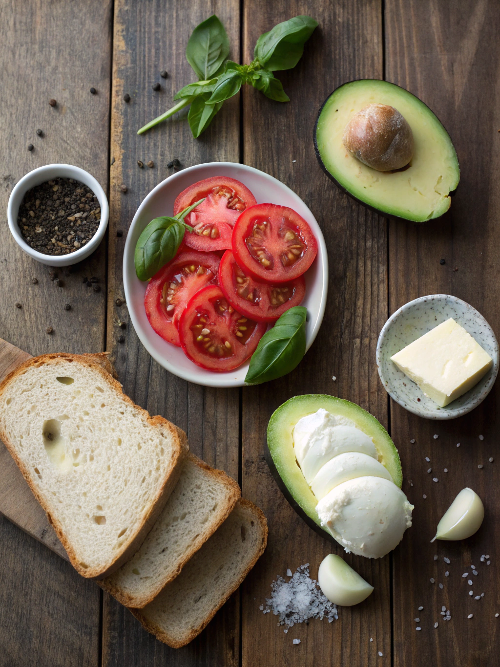 Ingredients for Avocado Mozzarella Tomato Grilled Cheese