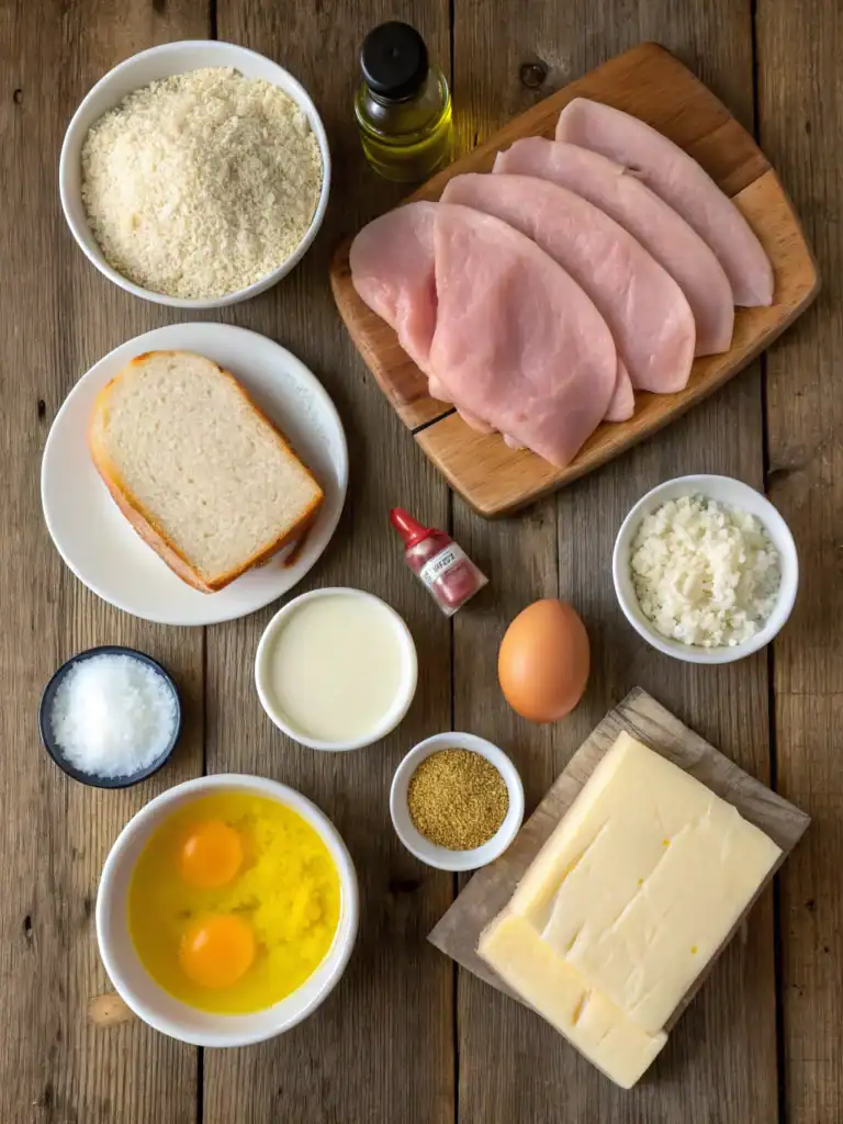 Fresh chicken breast, bread, and ingredients like eggs, cheese, milk, and seasoning laid out for cooking or recipe preparation. Perfect for making homemade chicken sandwiches or other delicious dishes.
