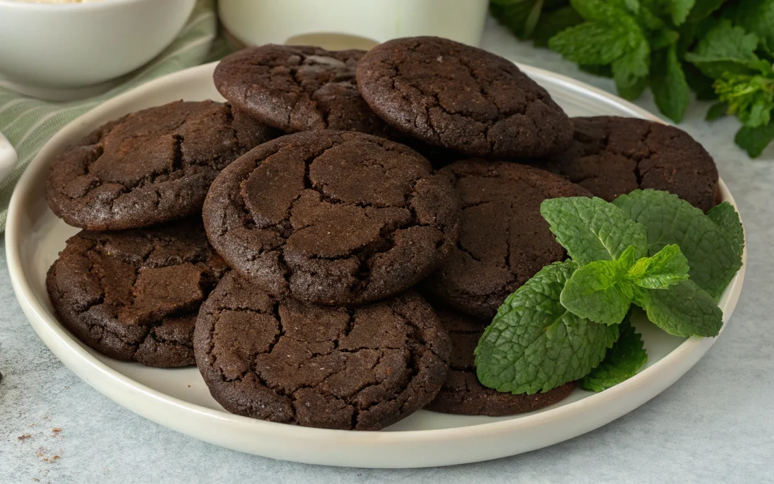 Rich chocolate cookies with eggs, chocolate pieces, flour, and mint leaves arranged on a white plate. Perfect for baking recipes and chocolate treats.