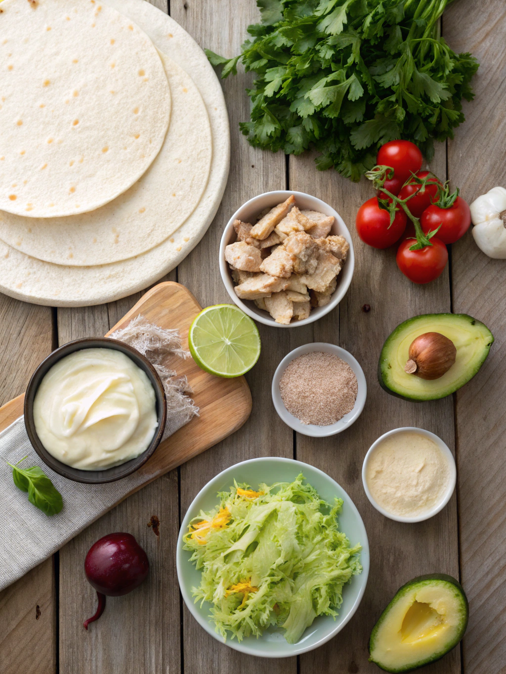 Ingredients for Creamy Chicken Tortilla Wraps