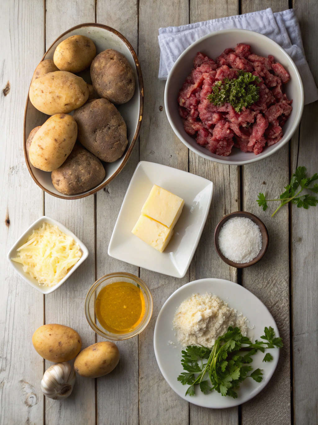 Ingredients for Crispy Mashed Potatoes Stuffed with Cheese & Beef