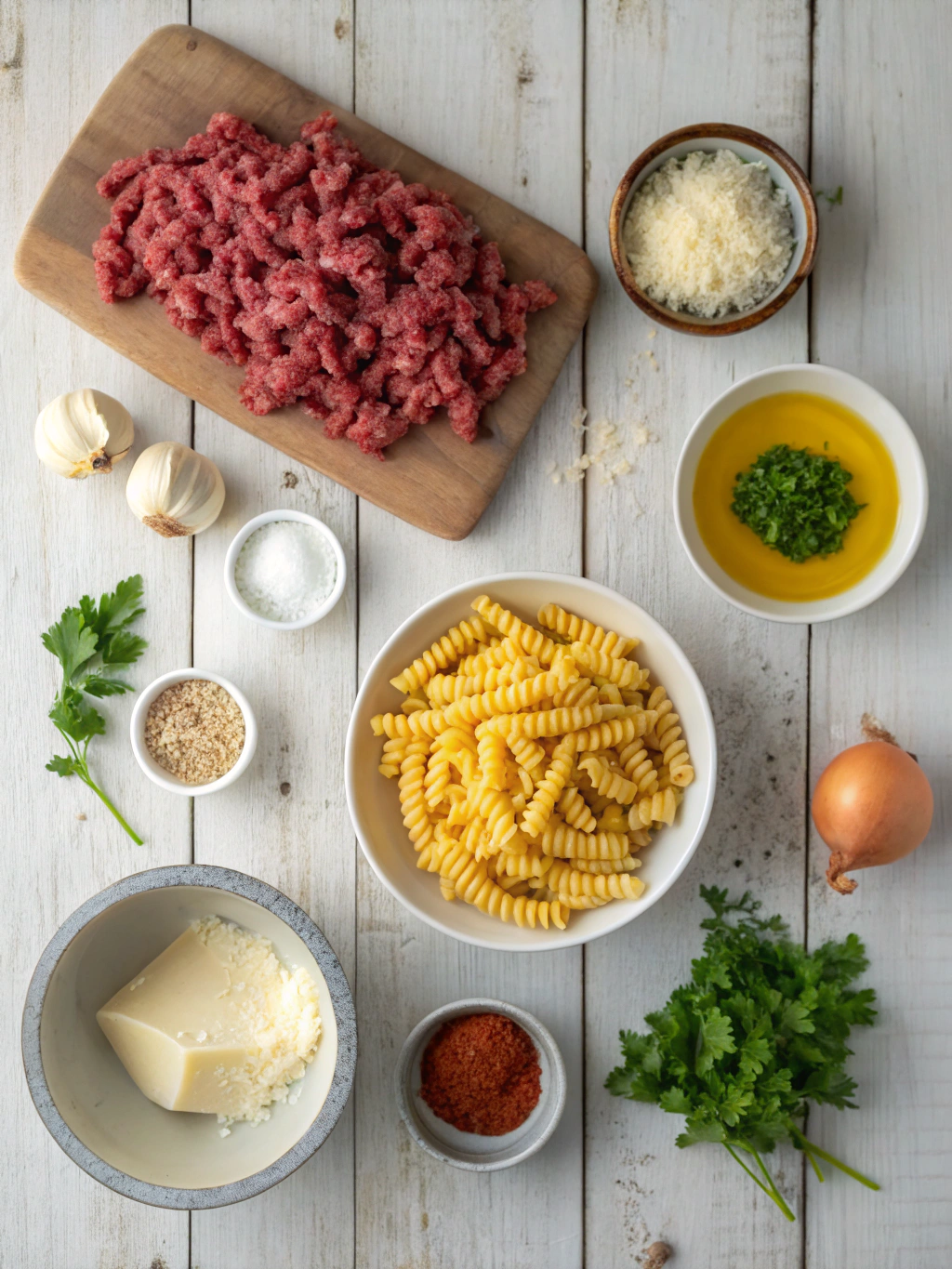 Ingredients for Easy Creamy Garlic Parmesan Beef Rotini Recipe