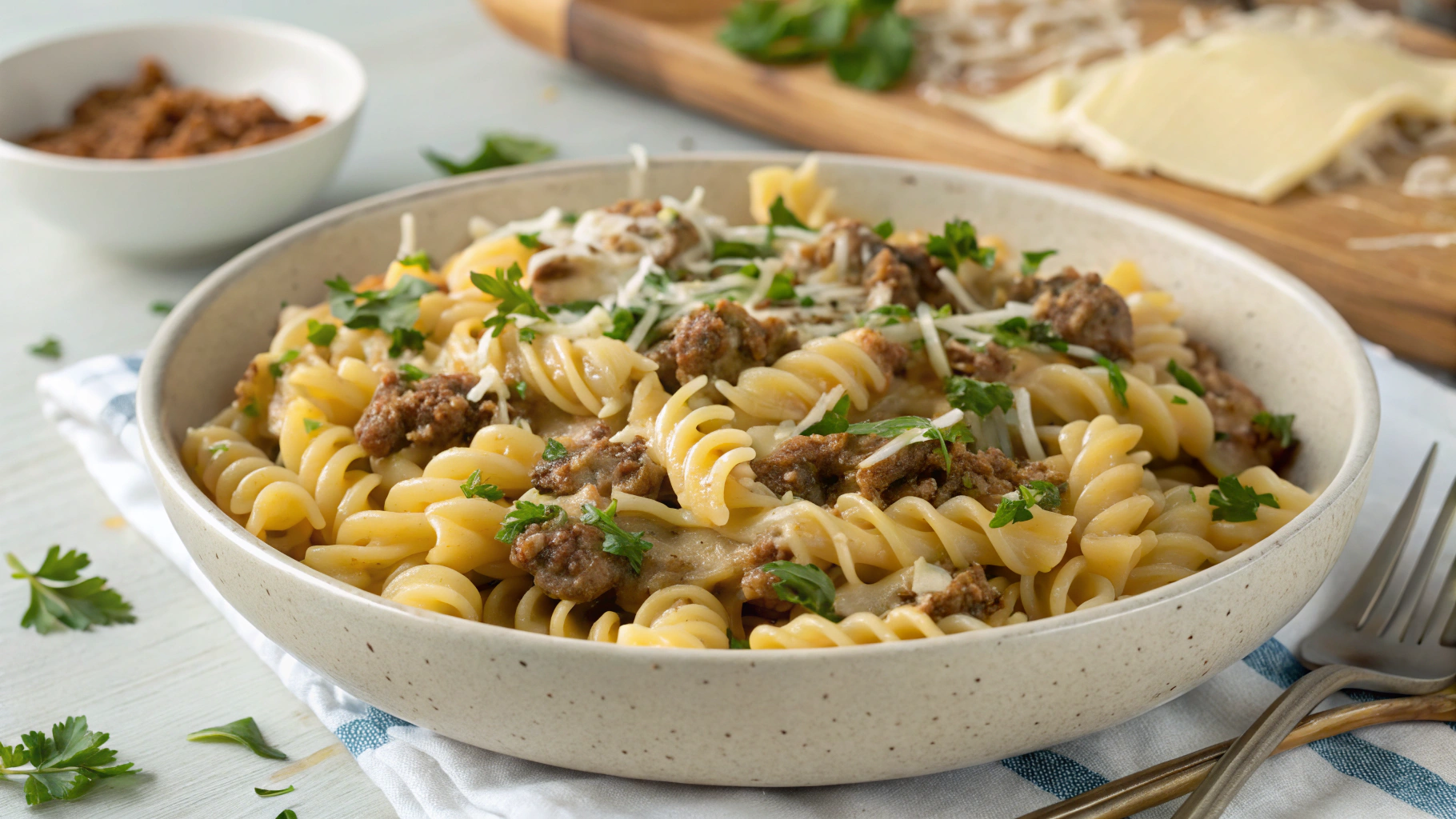 Easy Creamy Garlic Parmesan Beef Rotini Recipe