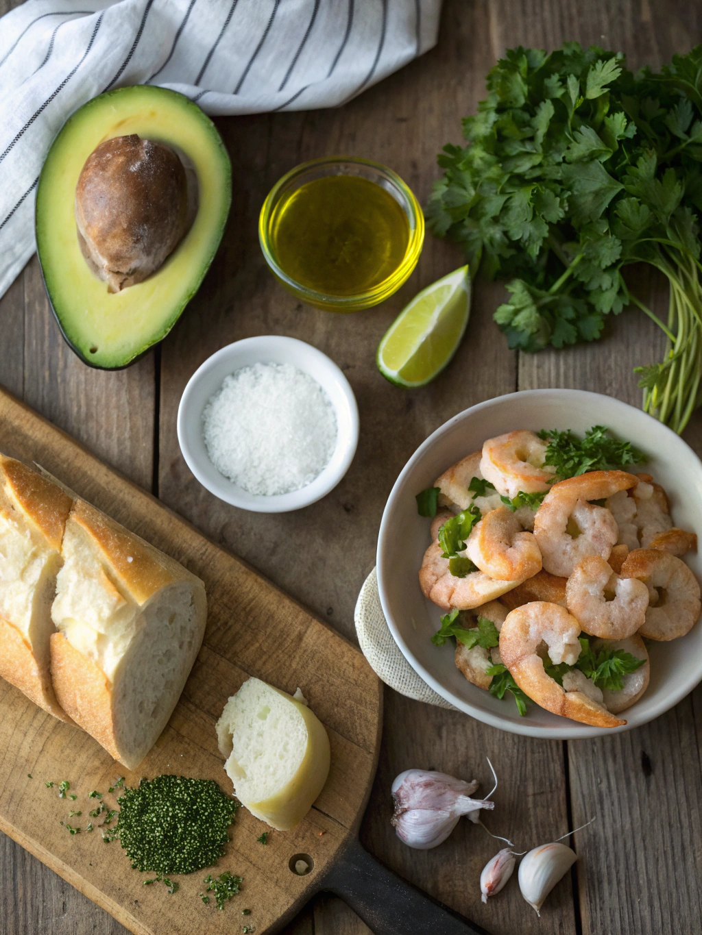 Ingredients for Garlic Shrimp Crostini with Avocado