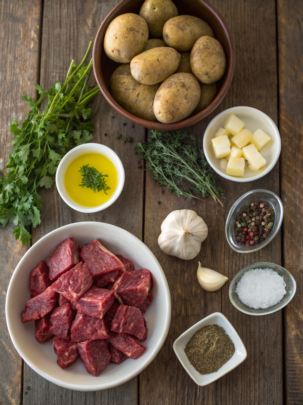 Ingredients for Garlic Steak Bites and Potatoes