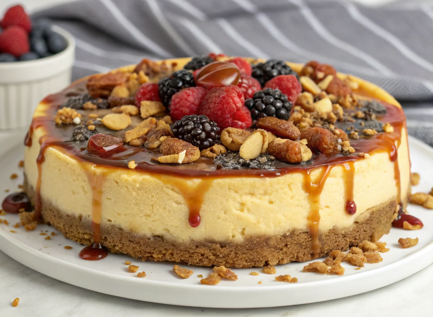 Fresh berry cheesecake topped with mixed berries, caramel drizzle, and crunchy granola crust, served on a white plate for a delicious dessert.