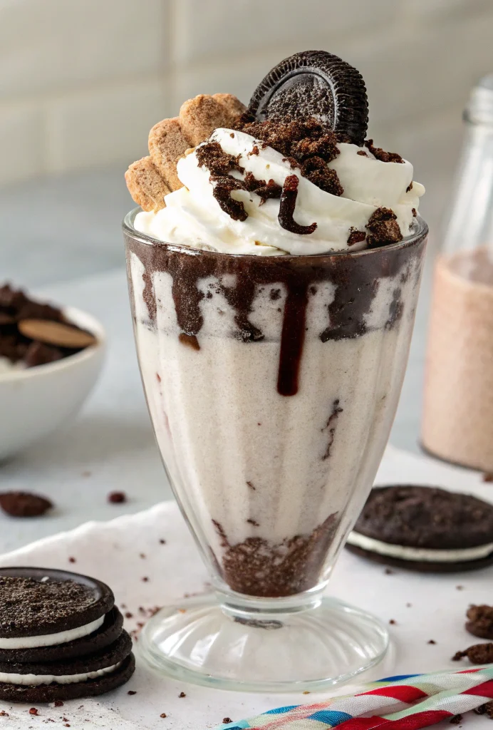 Oreos cookies and cream milkshake topped with whipped cream, Oreo cookies, and chocolate sauce in a glass. Perfect treat for Oreo lovers, garnished with crushed cookies and cookies pieces.