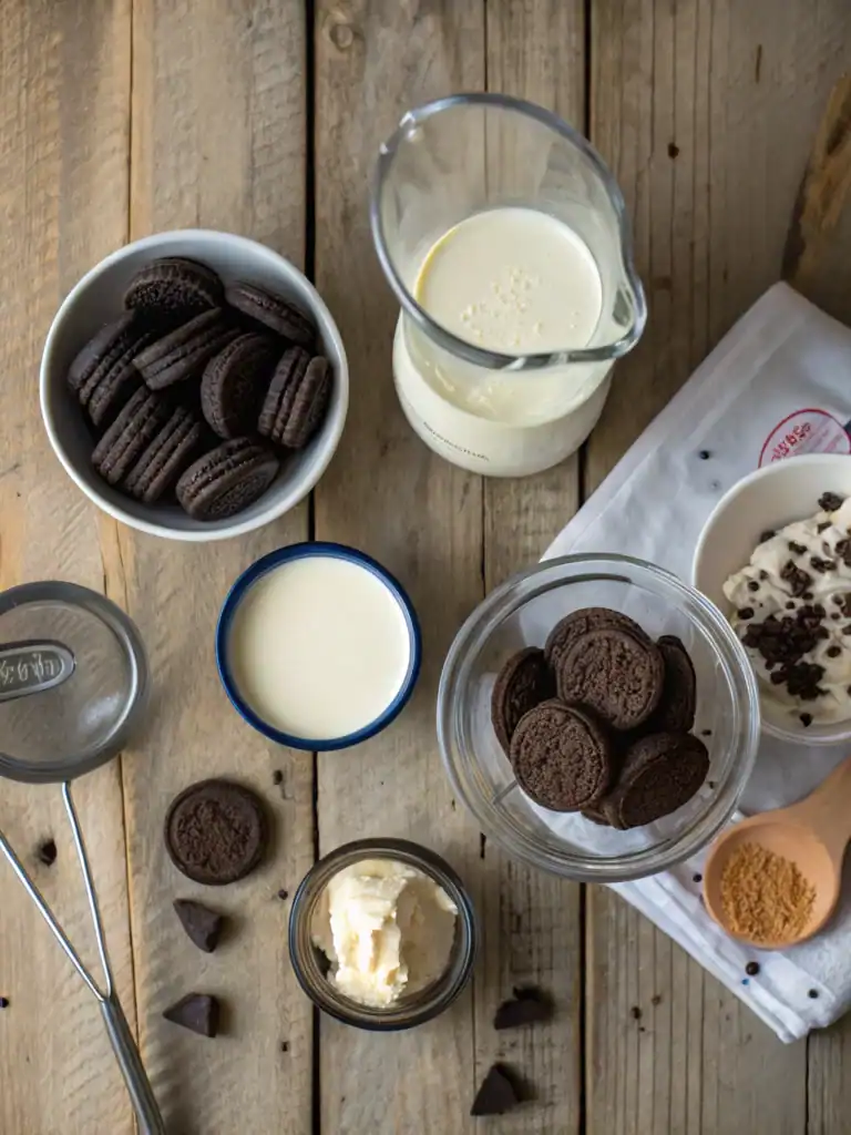 Delicious Oreo cookies with fresh milk, cream, and ingredients for desserts, perfect for baking recipes and sweet treats.