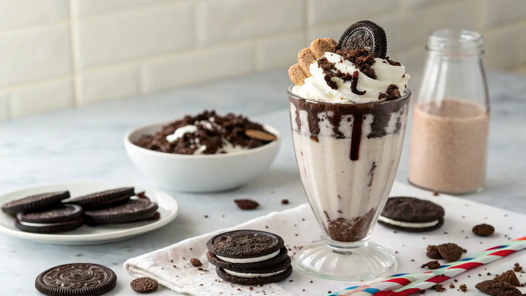 Oreos cookies and cream milkshake topped with whipped cream, Oreo cookies, and chocolate sauce in a glass. Perfect treat for Oreo lovers, garnished with crushed cookies and cookies pieces.