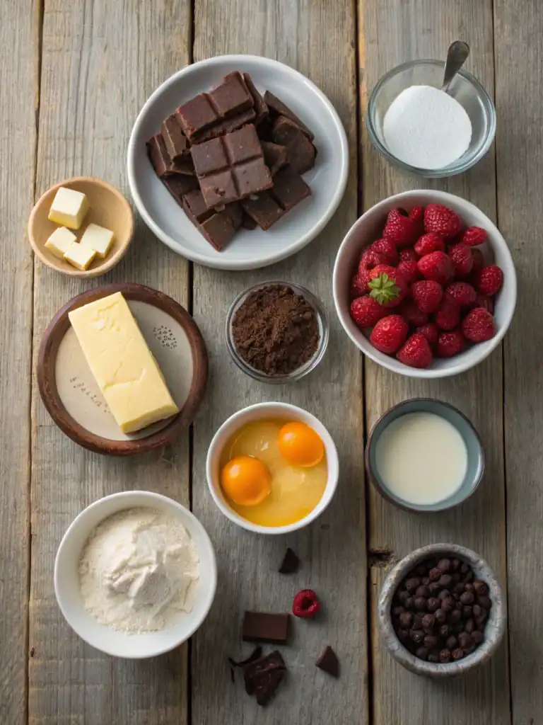 Creamy chocolate and berry dessert ingredients on rustic wooden table, including dark chocolate, fresh strawberries, butter, eggs, flour, sugar, milk, and chocolate chips, ready for cooking.