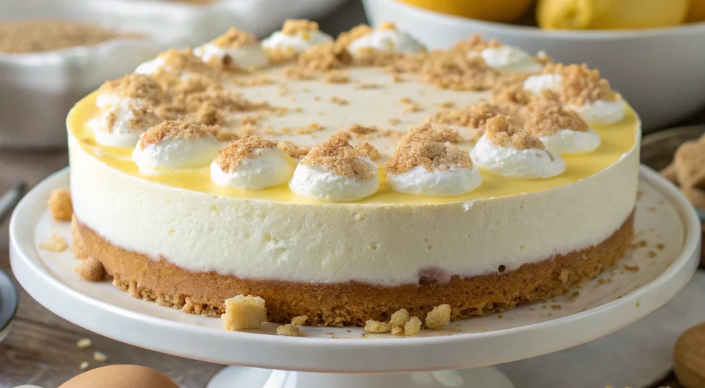 Creamy lemon cheesecake with graham cracker crust, garnished with whipped cream and crumbled cookies, surrounded by fresh lemons and baking ingredients on a rustic wooden table.
