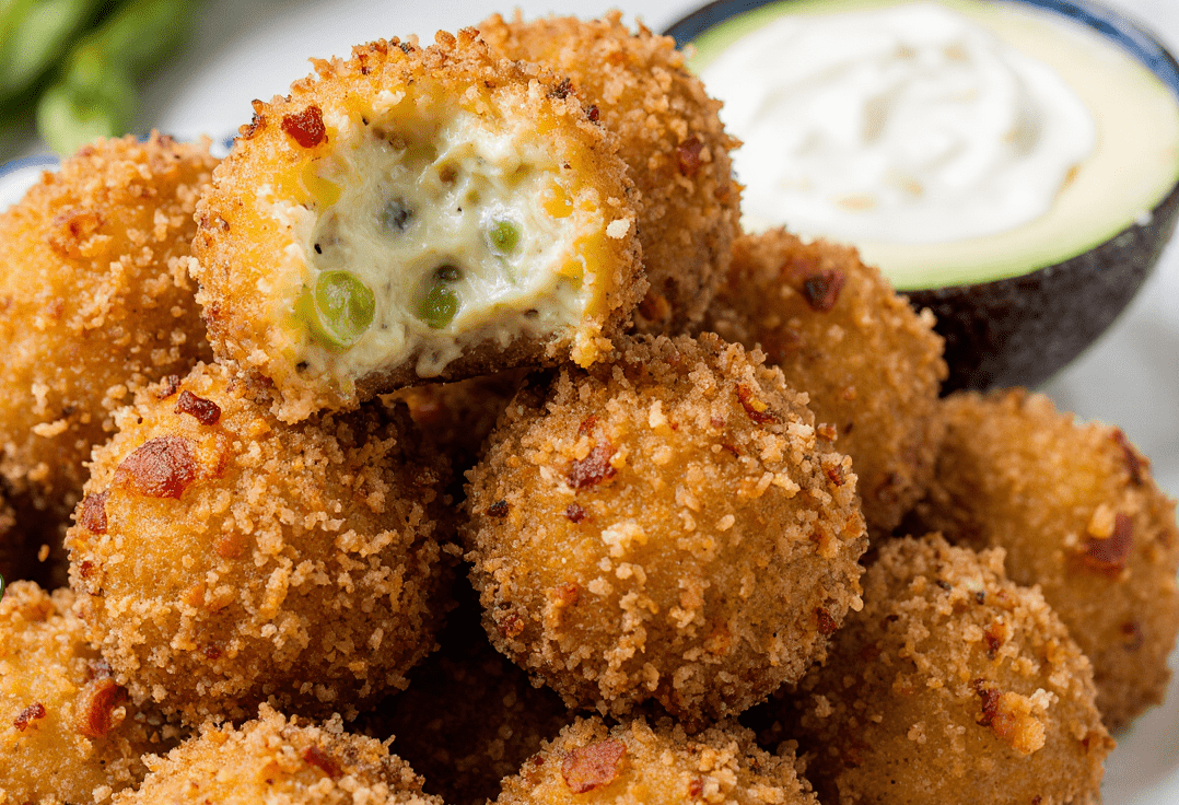 Crispy cream cheese avocado bites with green peas, served with a side of creamy dip and fresh avocado slices, perfect appetizer for parties and healthy snack options.