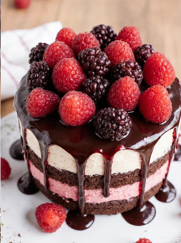 Fresh mixed berry layered chocolate cake with raspberry and blackberry topping, drizzled with glossy chocolate ganache, perfect for dessert recipes or special occasions.