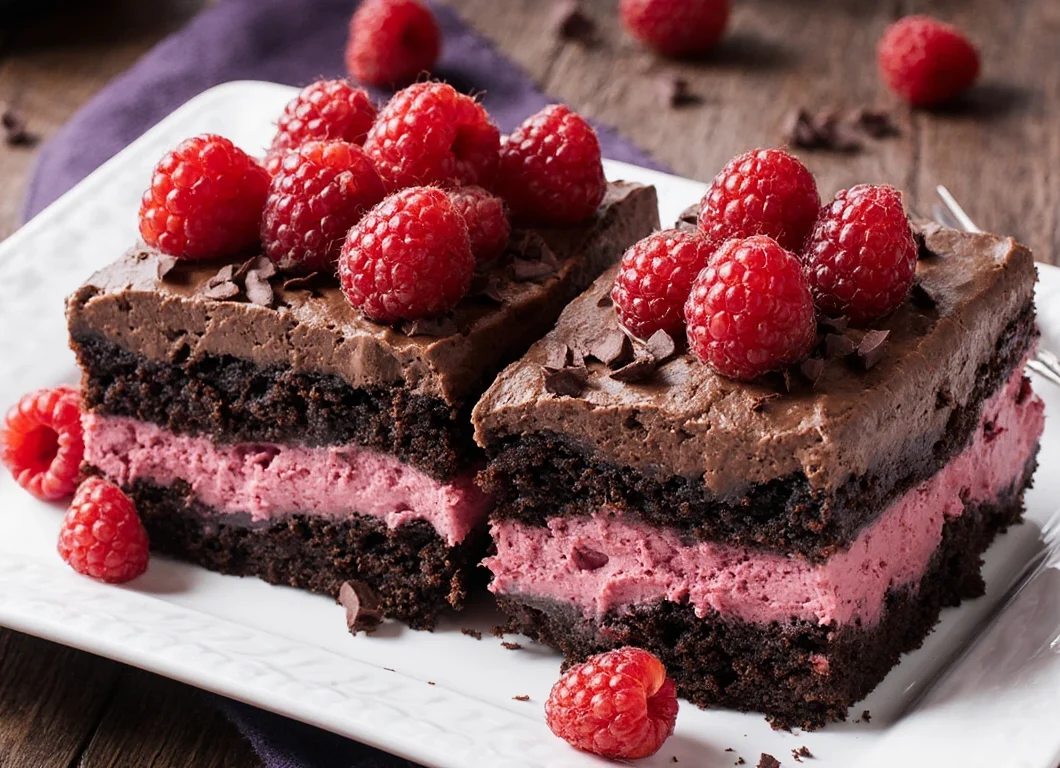 Decadent chocolate raspberry layered dessert on a white platter with fresh raspberries and chocolate shavings, perfect for indulgent treats and special occasions.