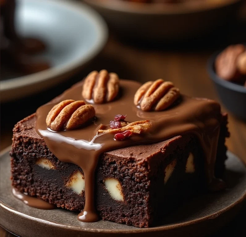 Rich chocolate turtle brownie with pecans, creamy white chocolate chunks, and glossy chocolate glaze on a rustic plate for decadent dessert indulgence.