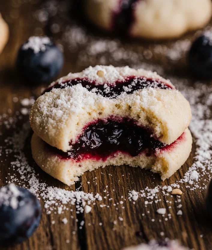 Butter cookies with berry jam filling stacked and one broken cookie with berry jam center on rustic wooden background with blueberries and powdered sugar, delicious homemade cookie dessert, perfect for snacks or tea time, Recipestang recipe.