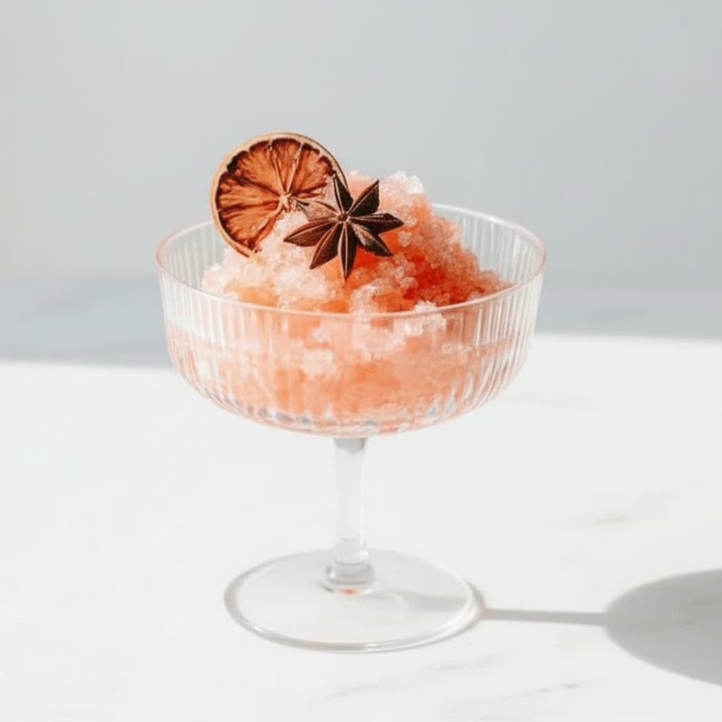 Frozen grapefruit cocktail garnished with star anise and dried citrus slice, served in an elegant glass for a refreshing summer drink.