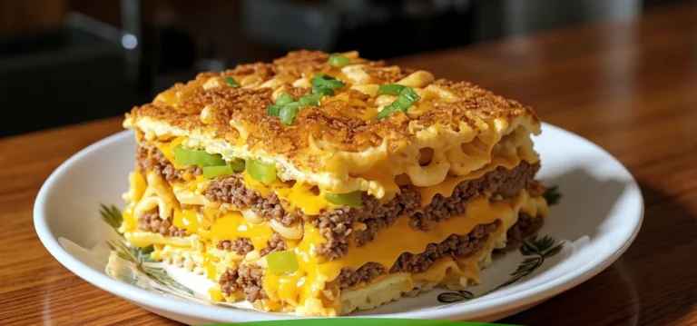 Savory big mac casserole with layers of seasoned ground beef, melted cheese, and crispy toppings, served on a decorative white plate perfect for family dinners or potlucks.