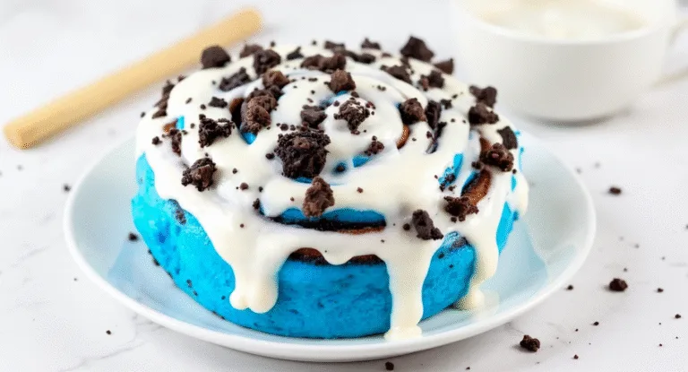 Blue Cookie Monster Cinnamon Rolls with Oreo Crumbles and Creamy Icing