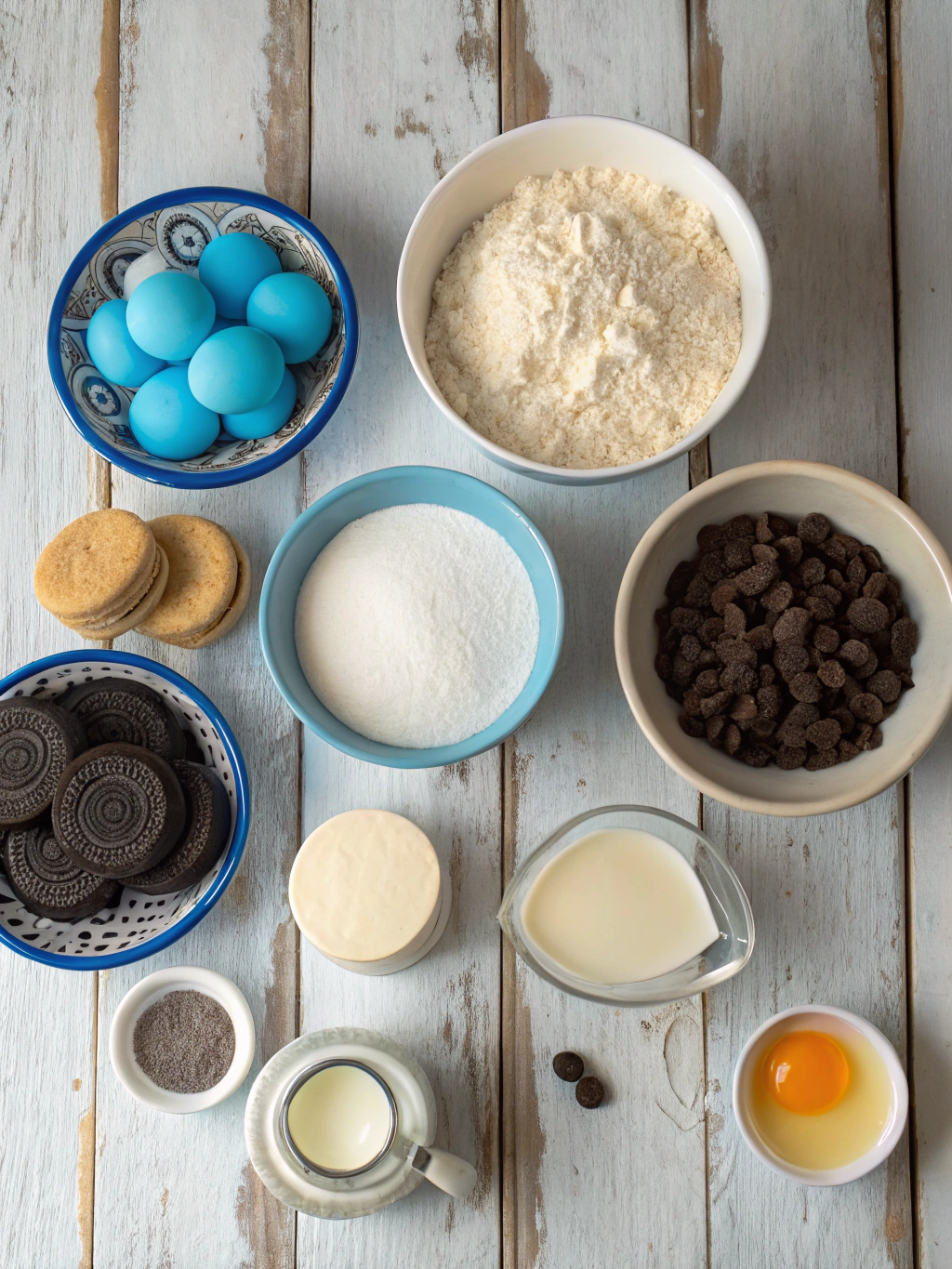 Ingredients for Blue Cookie Monster Cinnamon Rolls with Oreo Crumbles and Creamy Icing