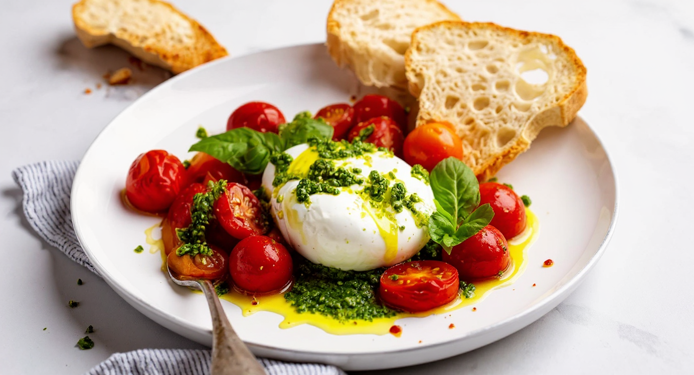 Burrata Toast with Roasted Tomatoes & Pesto Drizzle