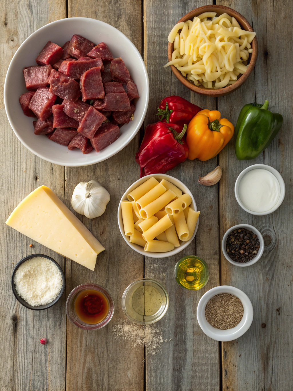 Ingredients for Cajun Steak Tips in Cheesy Rigatoni Parmesan Sauce