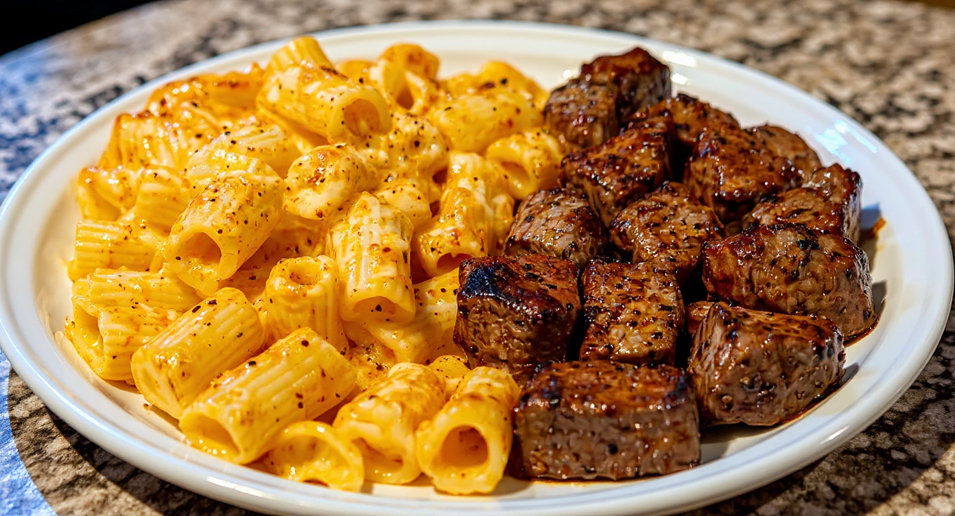 Cajun Steak Tips in Cheesy Rigatoni Parmesan Sauce