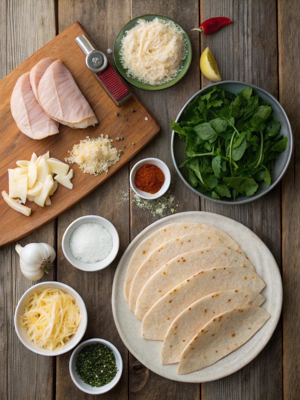 Ingredients for Cheesy Garlic Chicken Wraps – Ooey, Gooey, and Ready in Minutes!