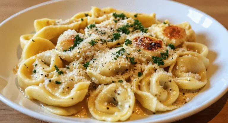 Creamy Garlic Parmesan Chicken Tortellini with Seared Chicken and Fresh Broccoli