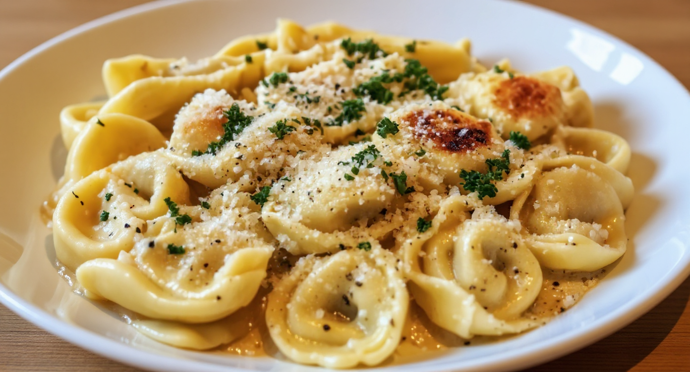 Creamy Garlic Parmesan Chicken Tortellini with Seared Chicken and Fresh Broccoli