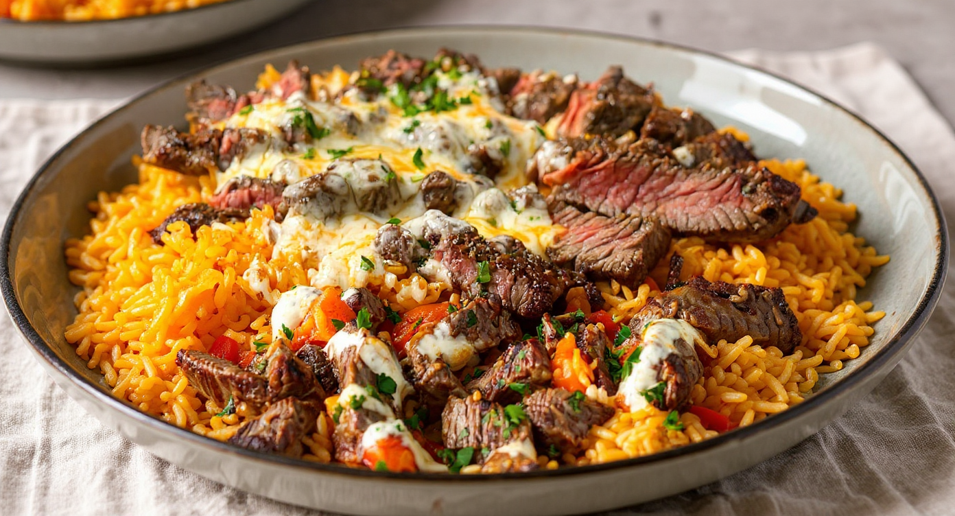 Creamy Queso Rice with Juicy Steak Strips