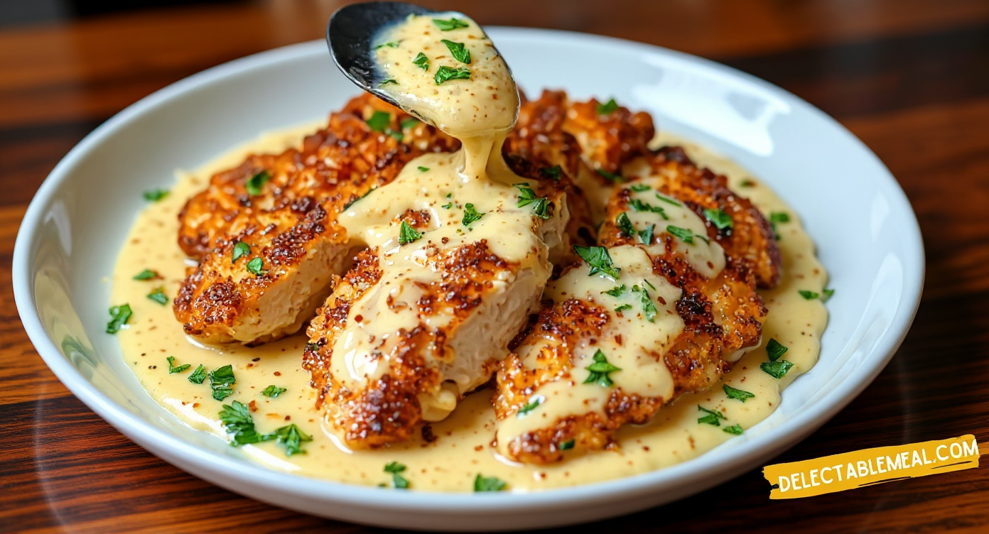 Crispy Parmesan Chicken with a Rich Garlic Sauce - Easy Dinner Idea | Delectable Meal
