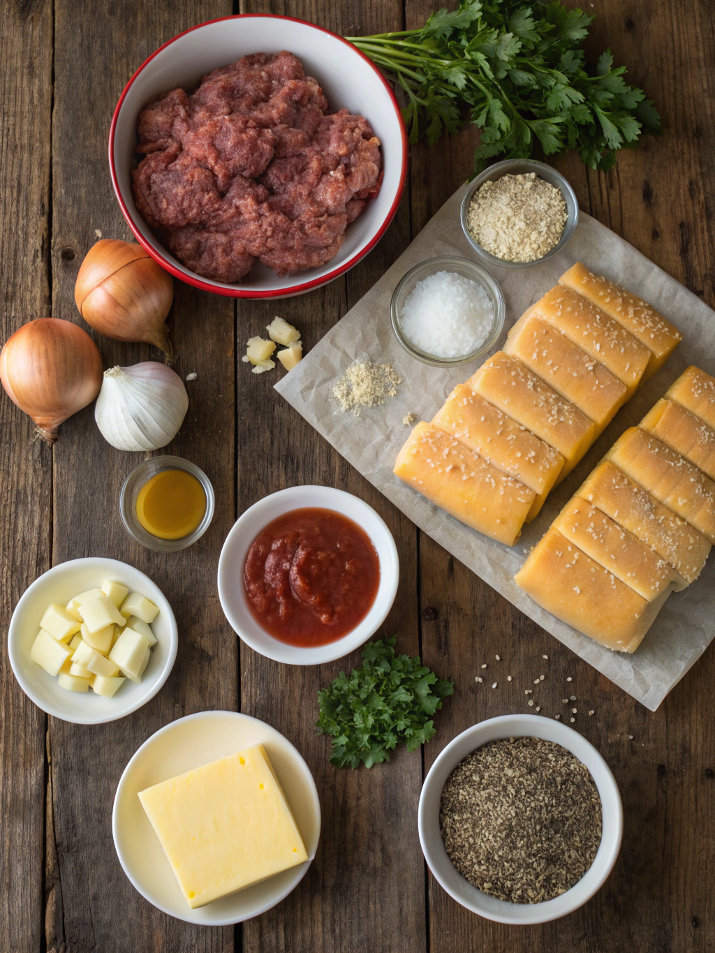 Ingredients for Easy Garlic Butter Beef Cheeseburger Rollups - flavorfitkitchen.com