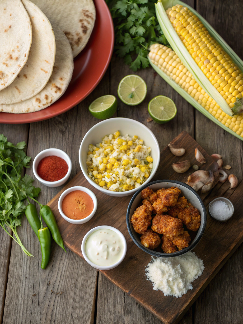 Ingredients for Fried Chicken Street Corn Tacos with Jalapeño Lime Ranch
