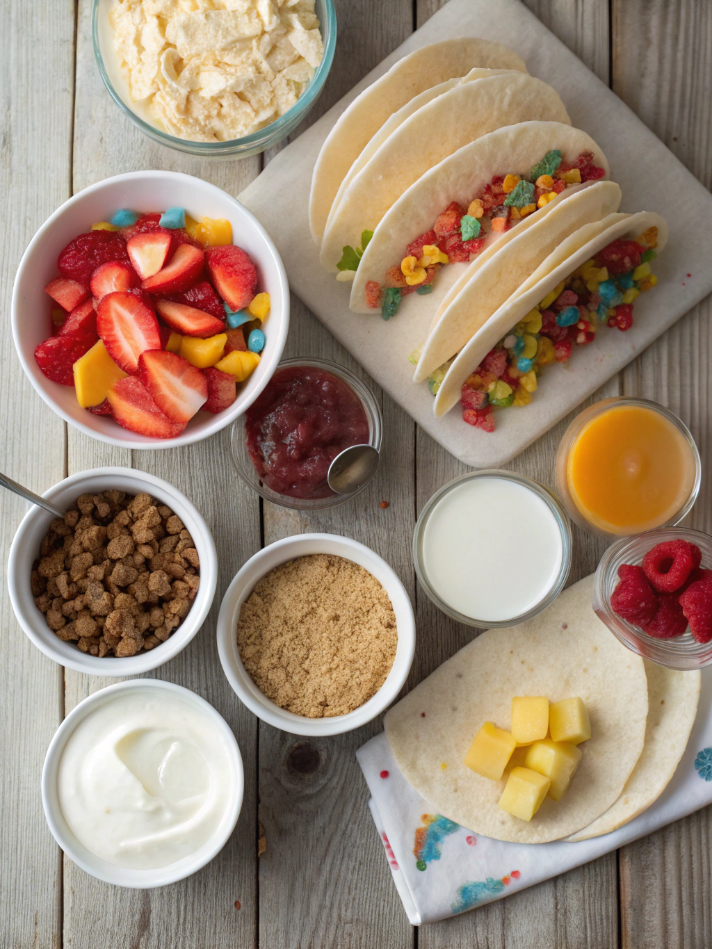 Ingredients for Fruity Pebbles Cheesecake Tacos