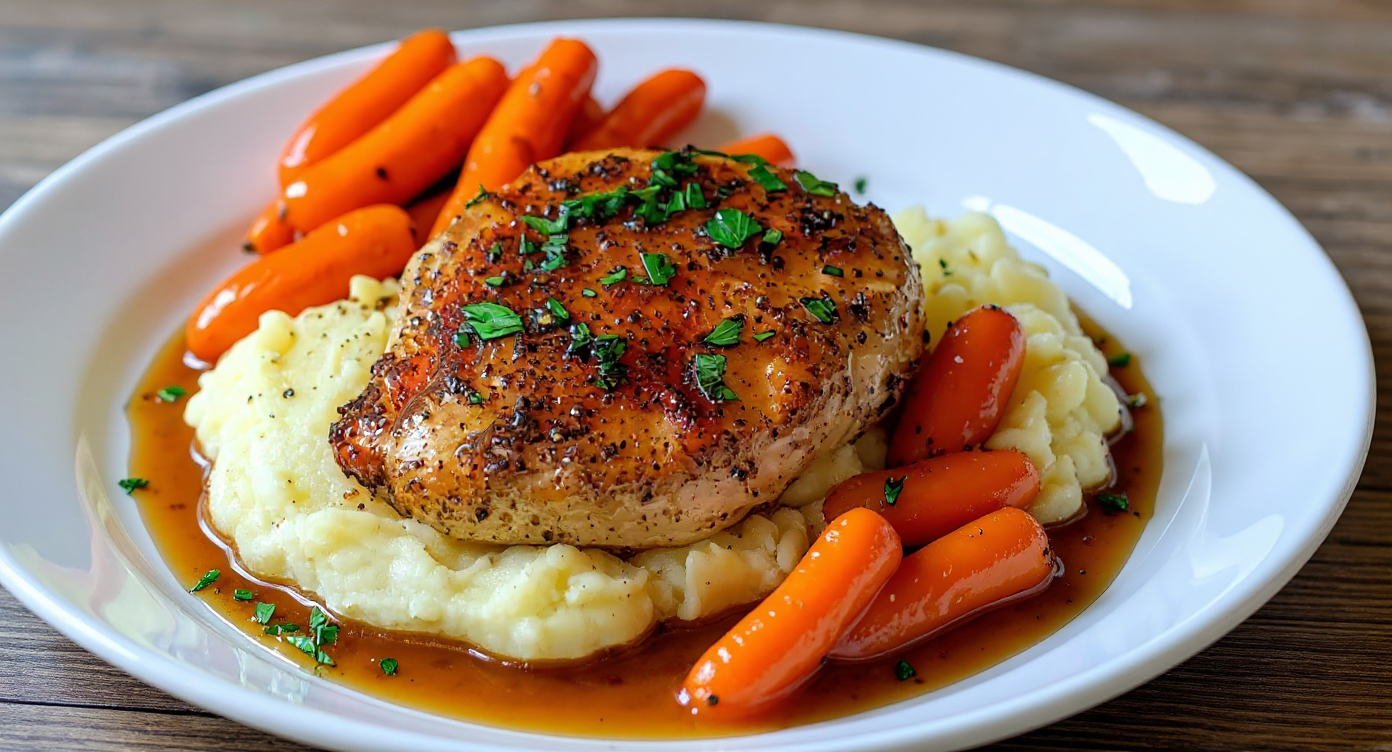 GARLIC HERB CHICKEN WITH MASHED POTATOES AND GLAZED CARROTS - Crisp Tastes